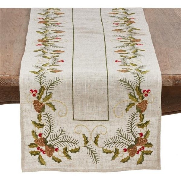 Saro Lifestyle SARO 1851.N1668B 16 x 68 in. Rectangle Christmas Table Runner with Embroidered Pinecone & Holly Design - Natural 1851.N1668B